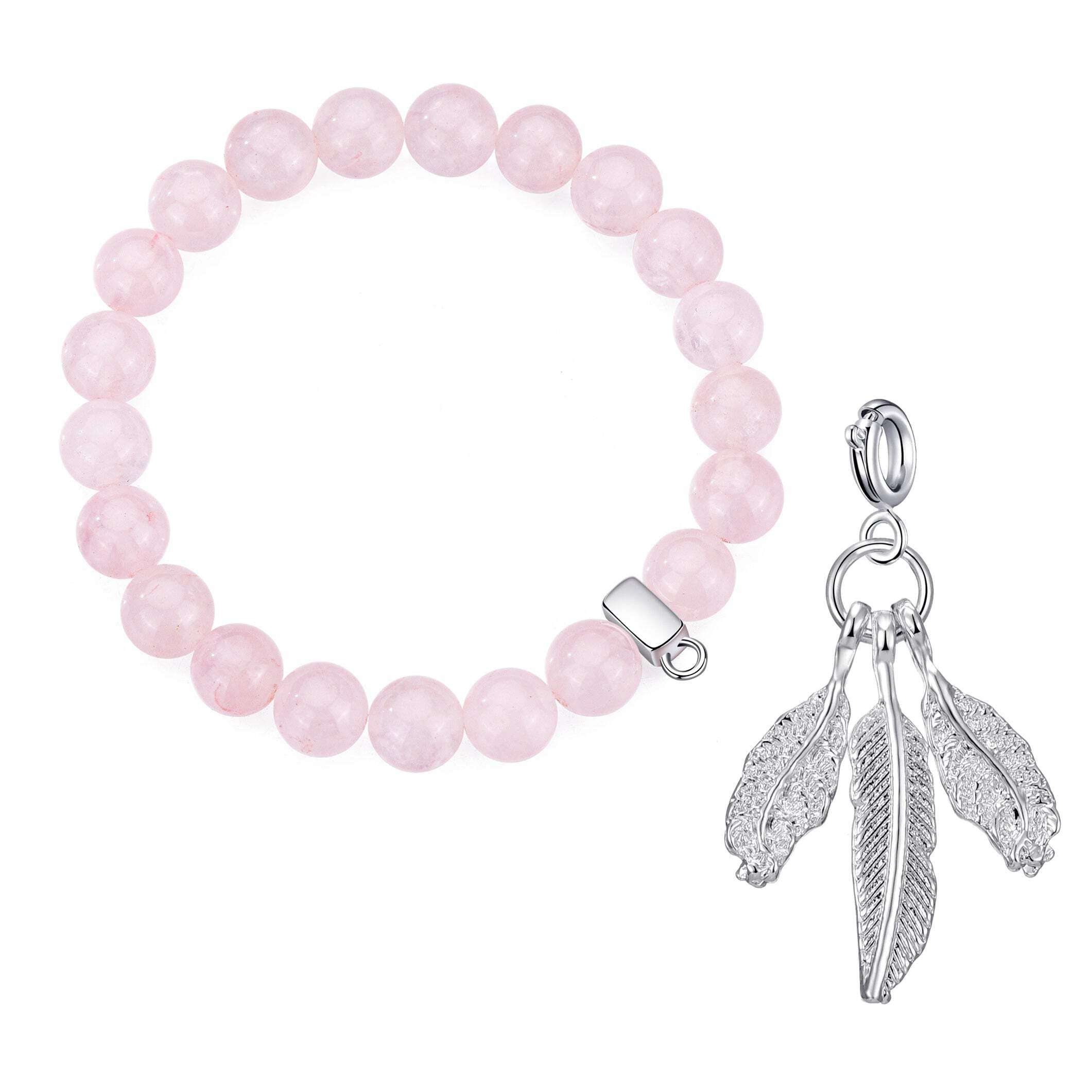Philip Jones Rose Quartz Gemstone Bracelet with Feathers Charm