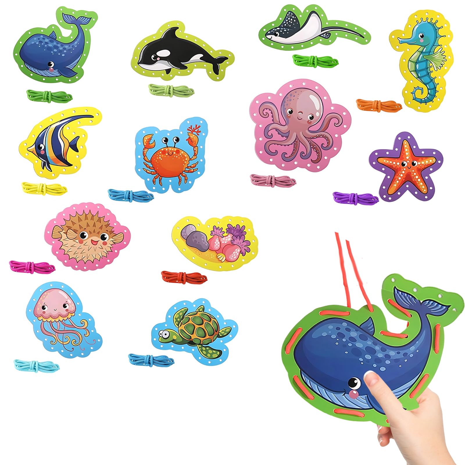 Ocean Animal Lacing Card Set for Kids, 12 Colorful Lacing Cards and Laces, Fun DIY Craft Project for Toddlers, Preschoolers, Perfect for Home and Classroom Activities, Ocean-Themed Design