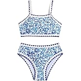 SHENHE Girl's High Waisted Swimsuit Floral Graphic Contrast Binding 2 Piece Tankini Set Swimwear