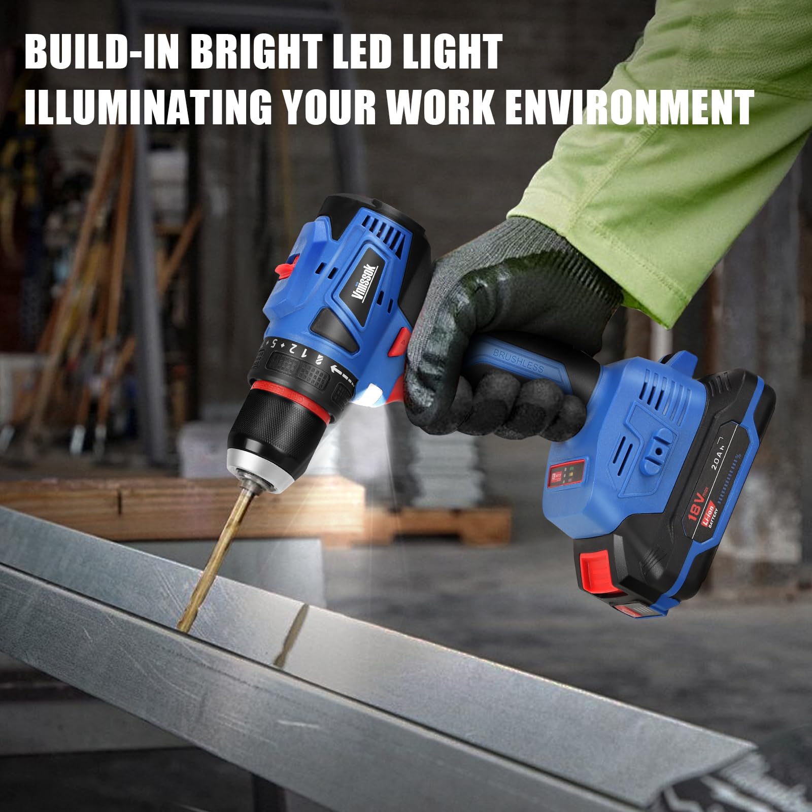 Vniissok Cordless Drill Set,18V Brushless Power impach driver with Battery and Charger, 3/8