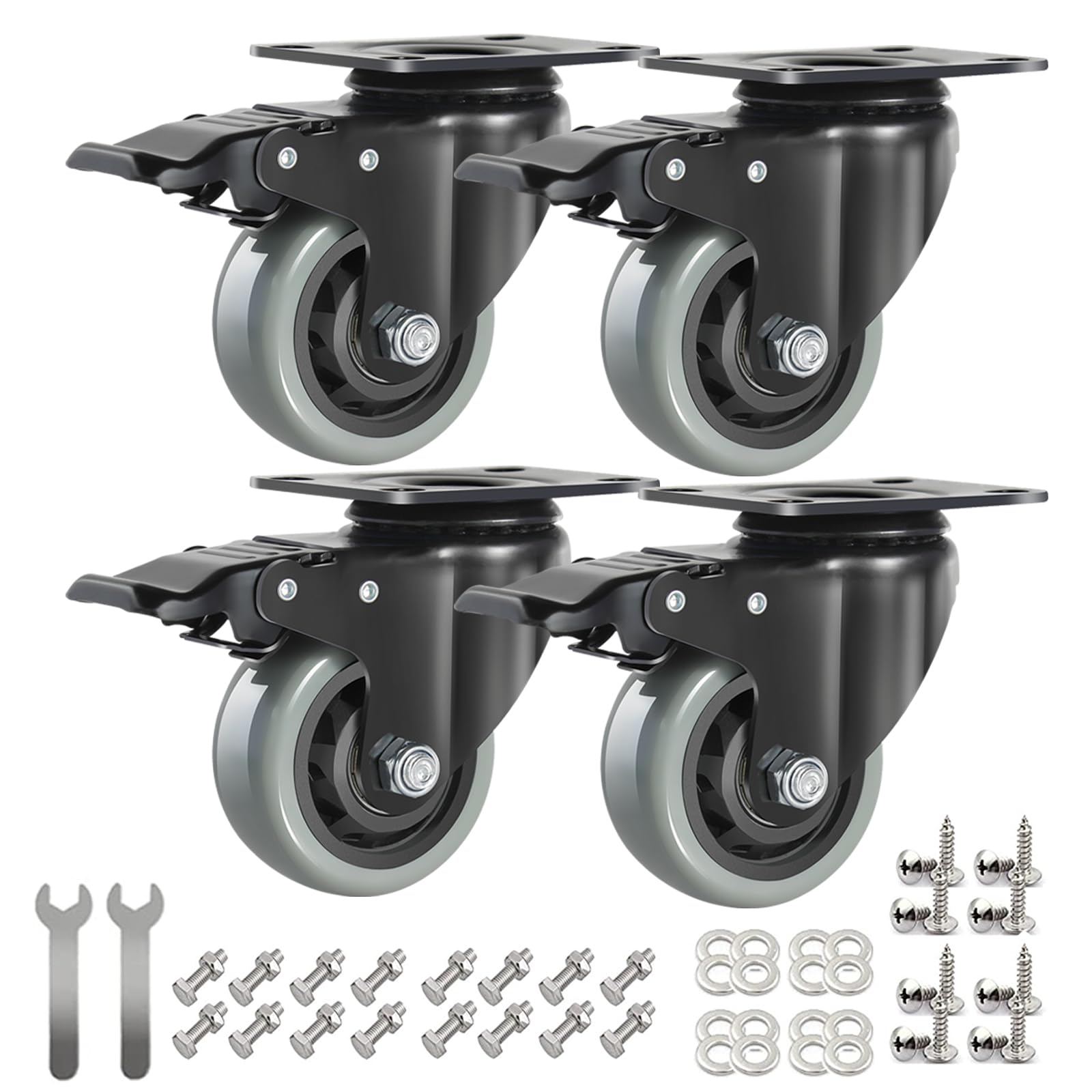 IQWTU Heavy Duty Castor with Brakes, 75MM Furniture Castors, Double Bearing PU Trolley Wheels, Rubber Swivel Castor with Bolts and Nuts, Set of 4 Industrial Plate Casters up to 500KG