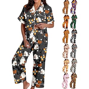 LVOFTJU Halloween Pajamas Women Fall Cute Satin Ghost Pumpkin Print Short Sleeve Button Top and Pants Matching Sleepwear