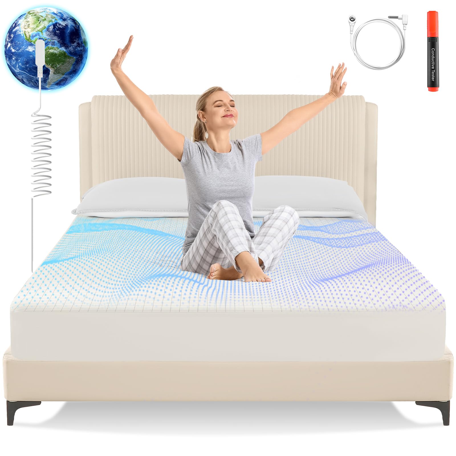 Photo 1 of Grounding Sheets California King Size,Earth Grounded Fitted Bed Sheet 10% Pure Silver Fiber + 90% Organic Cotton, Bed Grounding Kit with grounding Cord for Improved Sleep & Wellness(Beige,82"x72"x15")