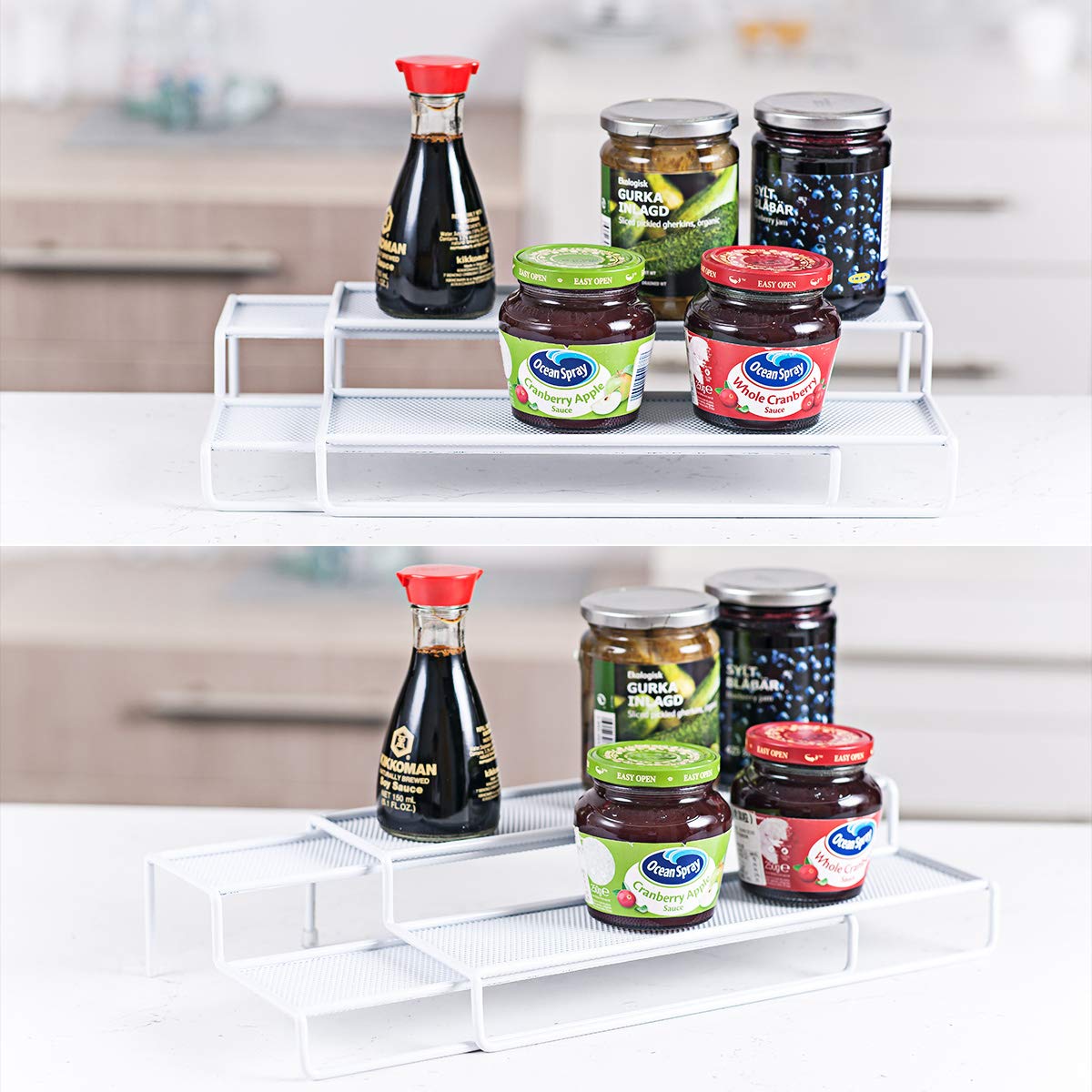 6-Piece Cabinet Storage Set: Expandable Stackable Kitchen and Counter Shelf Organizer/Metal Wire Pot and Pan Lid Rack/Over The Cabinet Storage Organizer Basket/Spice Rack Step Shelf Organizer, White