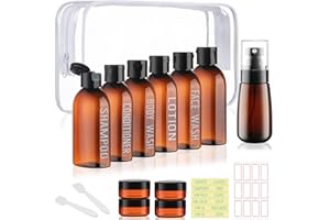 Wowang Travel Kit - 10 Pcs Travel Bottles for Toiletries, TSA Approved, Leak Proof Plastic Small Cream Jars & Refillable Spray Bottle for Shampoo, Conditioner (Brown)