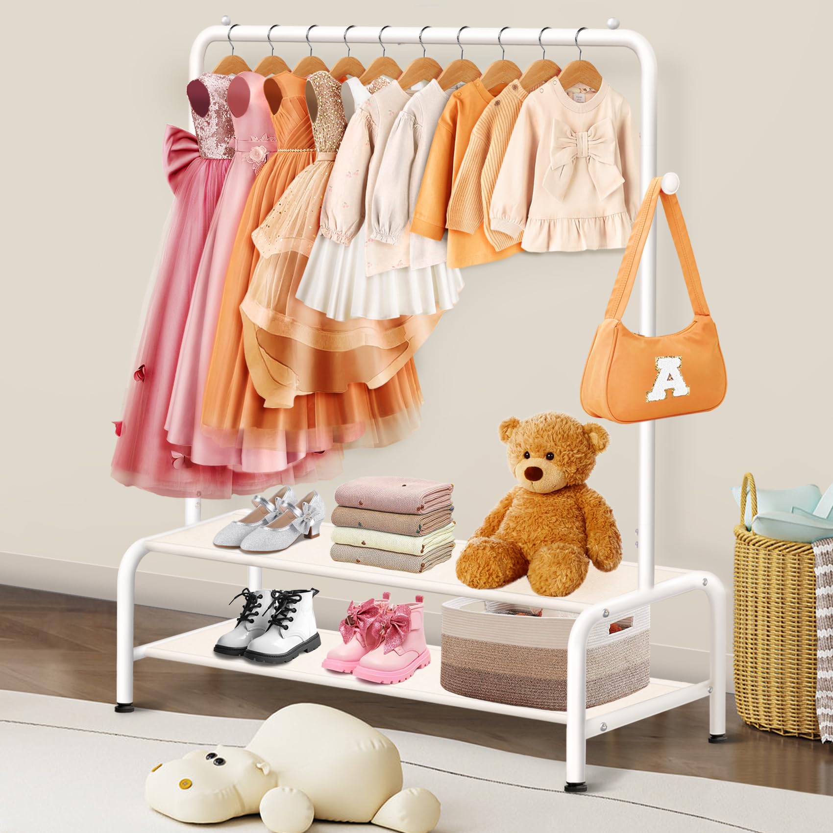 Kids Clothing Rack - Dress Up Clothes Rack - Baby Toddler Closet - Mini Freestanding Coat Racks with 2 Fabric Shelves - Small Kids Costume Wardrobe - Garment Rack for Hanging Clothes Organizer