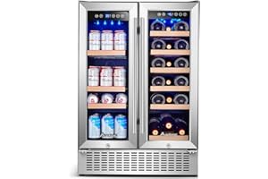 AAOBOSI 24 Inch Wine and Beverage Refrigerator - 19 Bottles & 57 Cans Capacity Wine Cooler with Dual Zone - Wine Fridge Built in Counter or Freestanding - 2 Safety Locks and Blue Interior Light