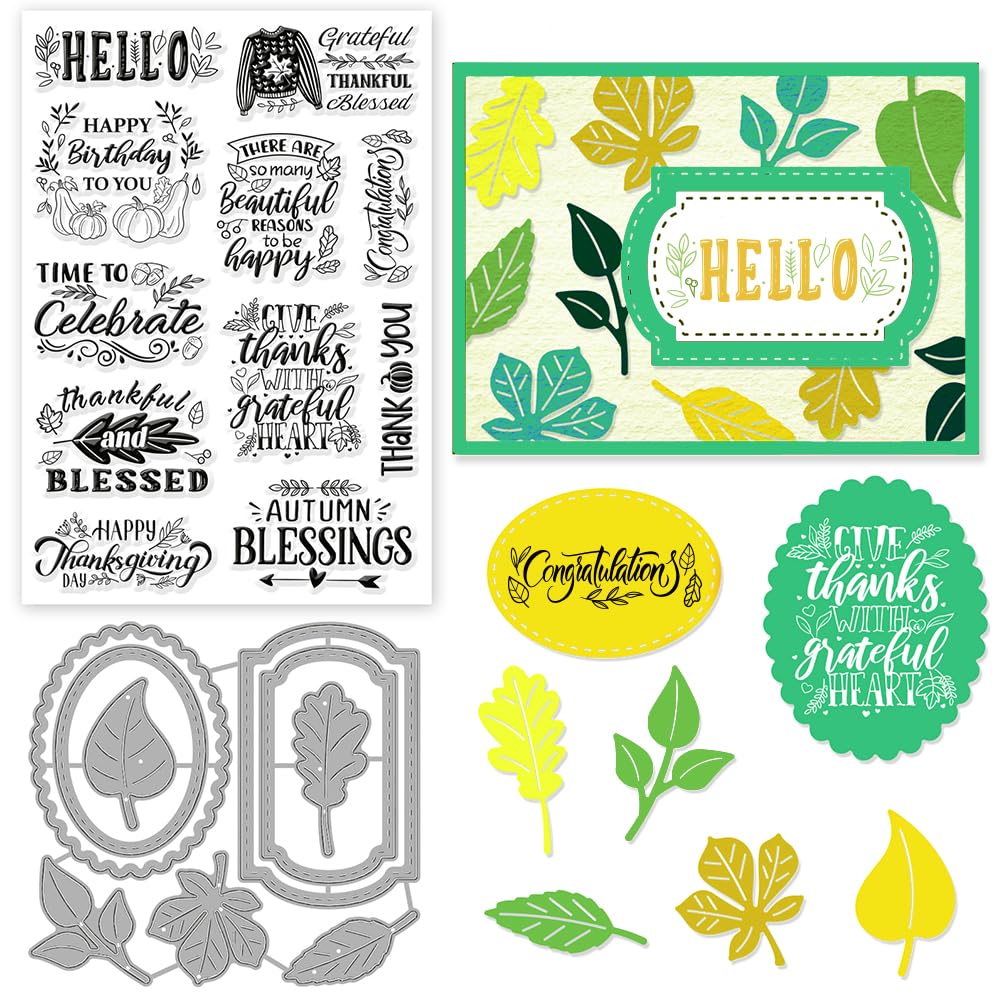 INFUNLY Words Clear Stamps and Dies for Card Making Blessing Words Stamp and Die Sets Thank You Rubber Stamps Tag Cutting Dies Leaves Die Cuts Autumn Silicone Stamps for DIY Scrapbooking Embossing
