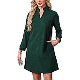 Women's Corduroy Dress 3/4 Sleeve V Neck Stand Collar Casual Vintage Fall Mini Shift Dress with Pocket