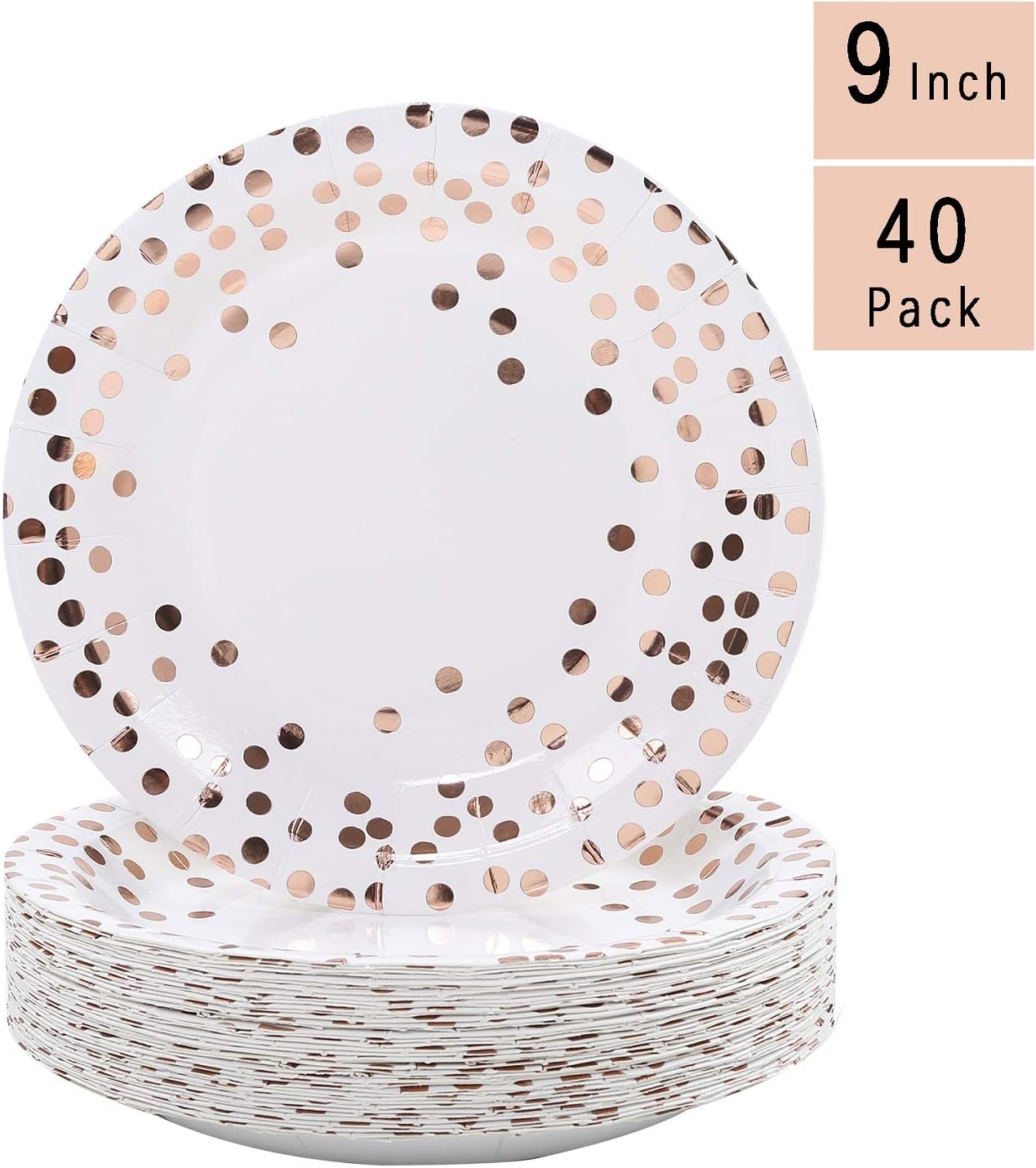 40 Pieces 9 Inch Disposable Paper Plates Dinnerware Plates With Rose Gold Foil Polka Dot for Party Wedding Anniversary Birthday