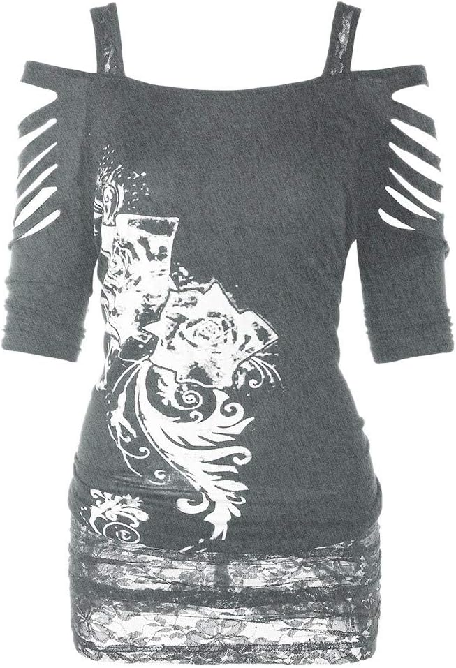 Hotsellhome Fashion Womens Clothing Off Shoulder Rock Gothic T Shirt Casual Ripped Sling Blouse Tops Clothes