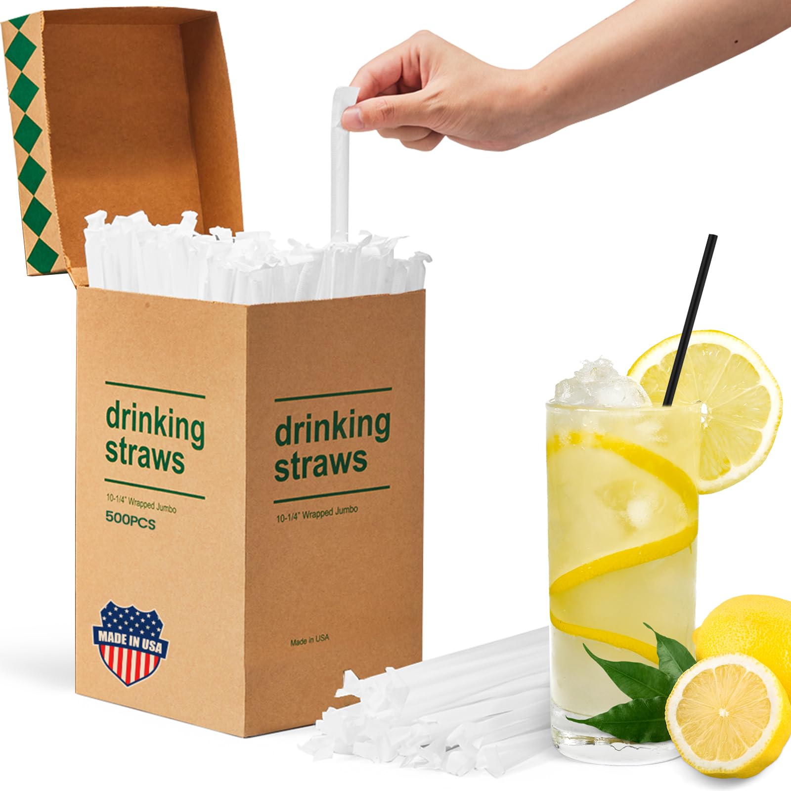 Photo 1 of Disposable Plastic Straws,500 PCS Individually Wrapped Black Drinking Straws, Straight Long Straw for Party Daily Use [10.2" Long, 0.23" Diameter] Food-Safe BPA Free - Made in USA