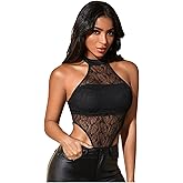 WDIRARA Women's High Cut Halter Neck Sleeveless Backless Lace Mesh Bodysuit Tank Top