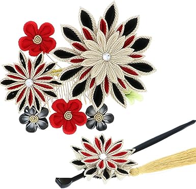京都きもの町 振袖 つまみ細工髪飾り2点セット 赤 黒 ゴールド お花コームとかんざし 和装小物 通販 Amazon
