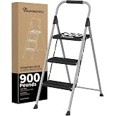 DIAMONDFORGE 3-Step Ladder Folding Step Stool with Anti-Slip Wide Pedal &amp; Soft Handle, Heavy Duty Steel Construction, 900 lbs Capacity for Home &amp; Office, Grey