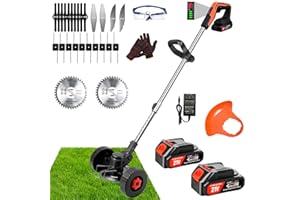 HWLANTU Cordless Electric Weed Wacker Battery Powered 21V Lightweight Edger Portable Grass Trimmer/Lawn Edger/Mower/Brush Cutter, with 5 Types Blades & Wheels for Yard and Garden Weeder Tool