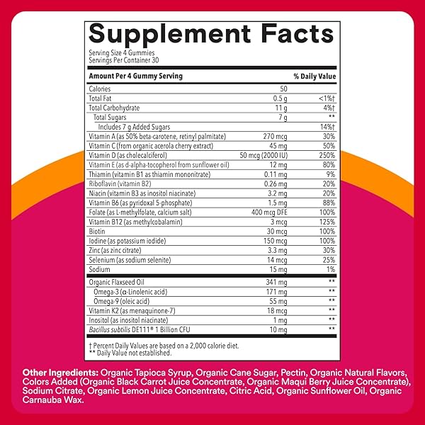 SMARTYPANTS ORGANIC WOMEN’S MULTIVITAMIN GUMMIES: BIOTIN, PROBIOTICS, METHYLFOLATE, OMEGA 3 (ALA), VITAMIN D3, C, VITAMIN B12, B6, A, K & ZINC, INOSITOL, GLUTEN FREE, 120 COUNT (30 DAY SUPPLY)