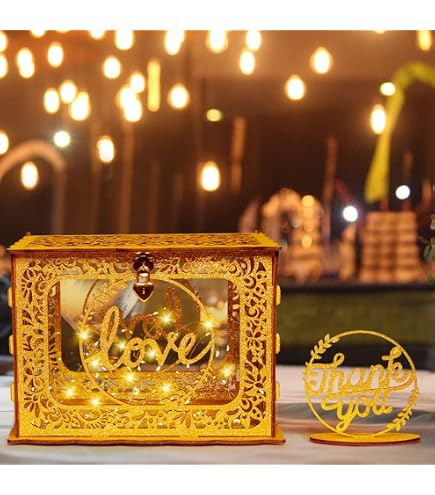 OurWarm Caja de Tarjetas Dorada para Boda, Caja de Tarjetas de Boda de Madera con Purpurina con Cerradura de Corazón y Luces Decorativas, Caja de Tarjetas de Regalo Caja de Dinero