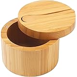 HTB Bamboo Salt Cellar with Mini Spoon, Kitchen Salt Box with Swivel Magnetic Closure Lid, Round Salt Container to Storage Pe