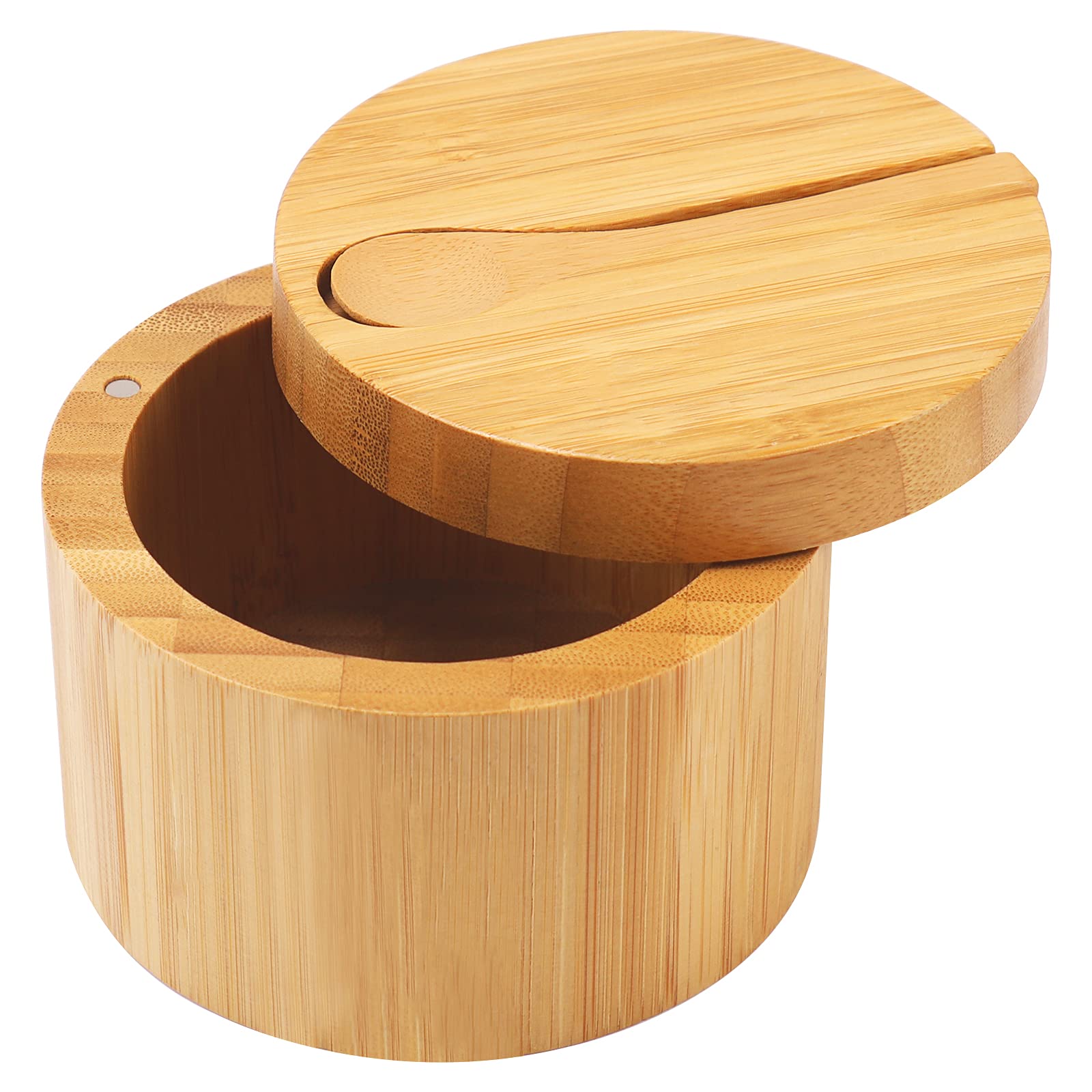 Photo 1 of HTB Bamboo Salt Cellar with Mini Spoon, Kitchen Salt Box with Swivel Magnetic Closure Lid, Round Salt Container to Storage Pepper Spice Bath Salt Sea Salt