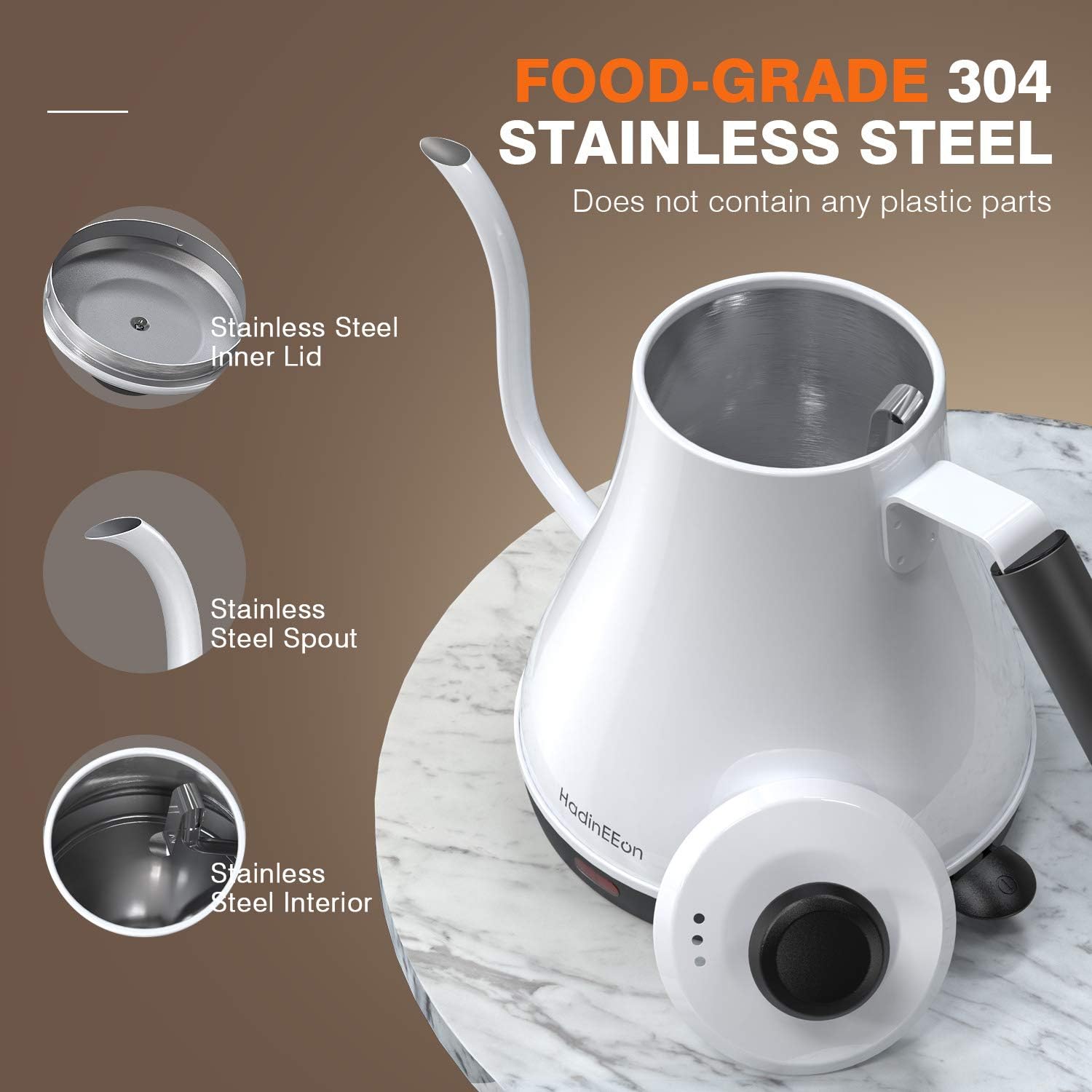 HadinEEon Electric Gooseneck Kettle 100% Stainless Steel BPA-Free Tea Kettle, Electric Pour Over Coffee Kettle Pot Portable Cordless Teapot with Auto Shut-Off Protection, 1000 Watt, 0.8L- White: Kitchen & Dining