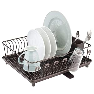 mDesign Large Metal Kitchen Countertop, Sink Dish Drying Rack - Removable Plastic Cutlery Tray, Drainboard with Adjustable Swivel Spout - 3 Pieces - BPA Free - Bronze