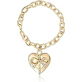 Juicy Couture Crystal Bow Wrapped Puffy Heart Charm Bracelet for Women 8", Gold-Tone Heart Jewelry, Valentines Gifts for Her