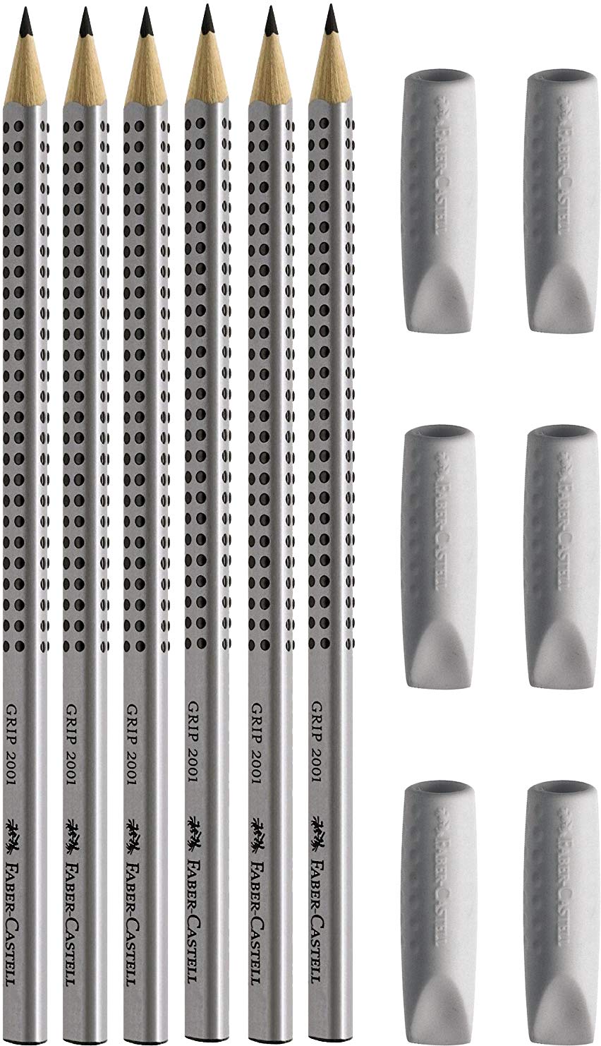 Faber-Castell Eraser Caps Grip Grey Pack of 6 + 6 HB Pencils