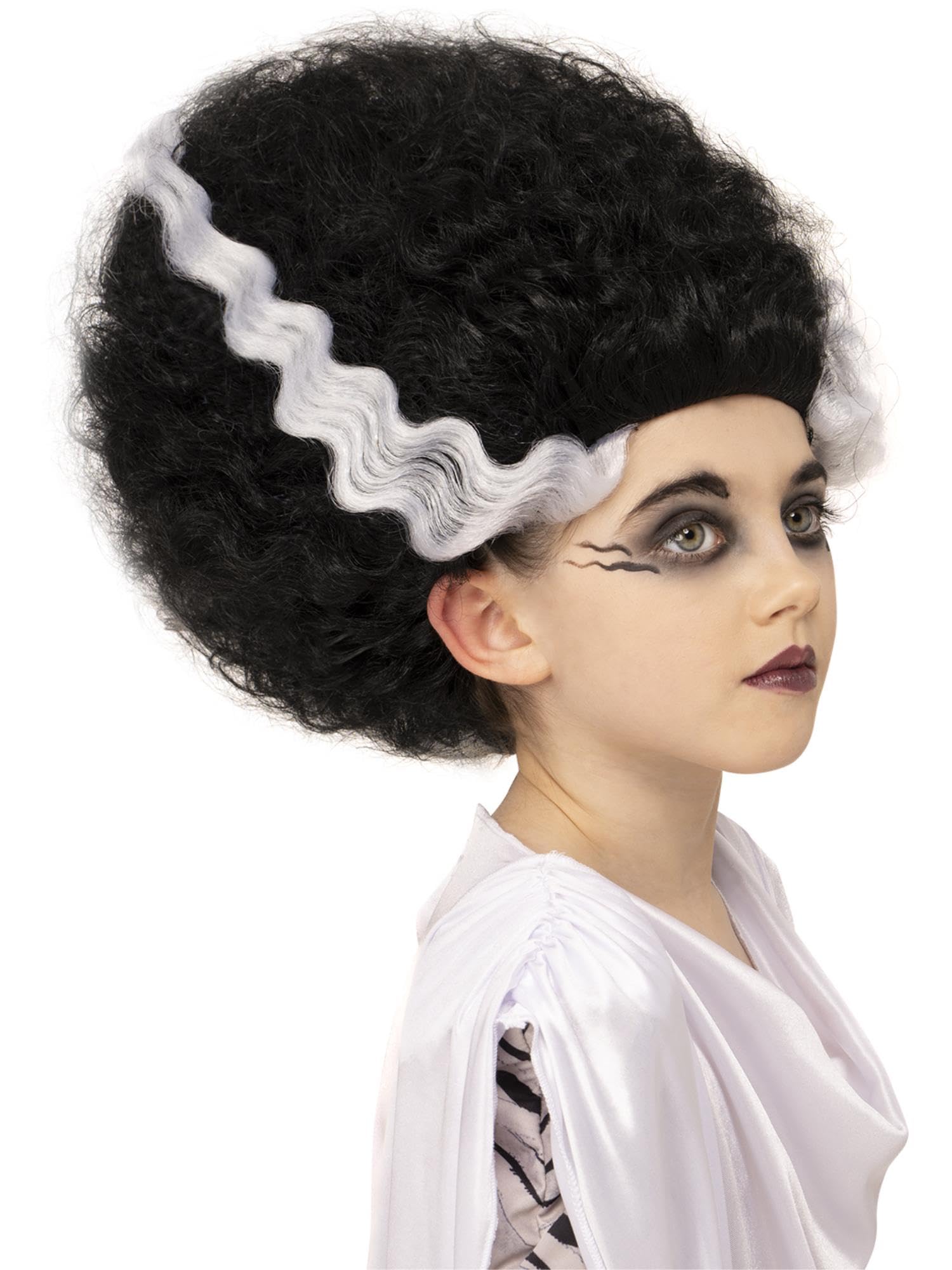 Smiffys Universal Monsters Bride of Frankenstein Wig, Childrens Iconic Black Wig with White Streaks, Pre-Styled Ready-to-Wear Hairpiece for Family Costume Matching, for Halloween and Themed Parties