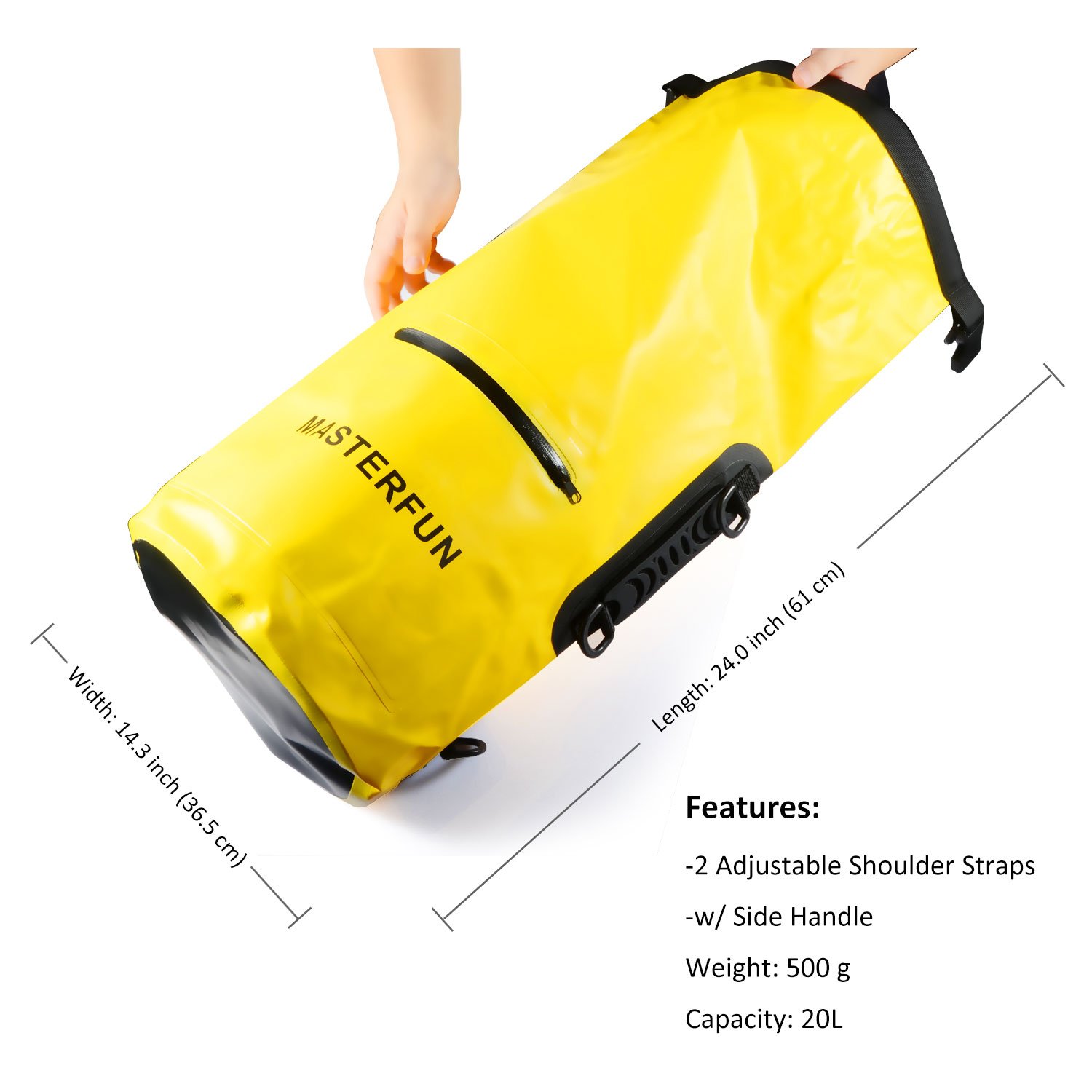 MASTERFUN Dry Bag Waterproof Backpack Gym Sack w/ Exterior Pocket Waterproof Zipper & Shoulder Strap & Handle for Boating Camping Kayaking Yellow 20L