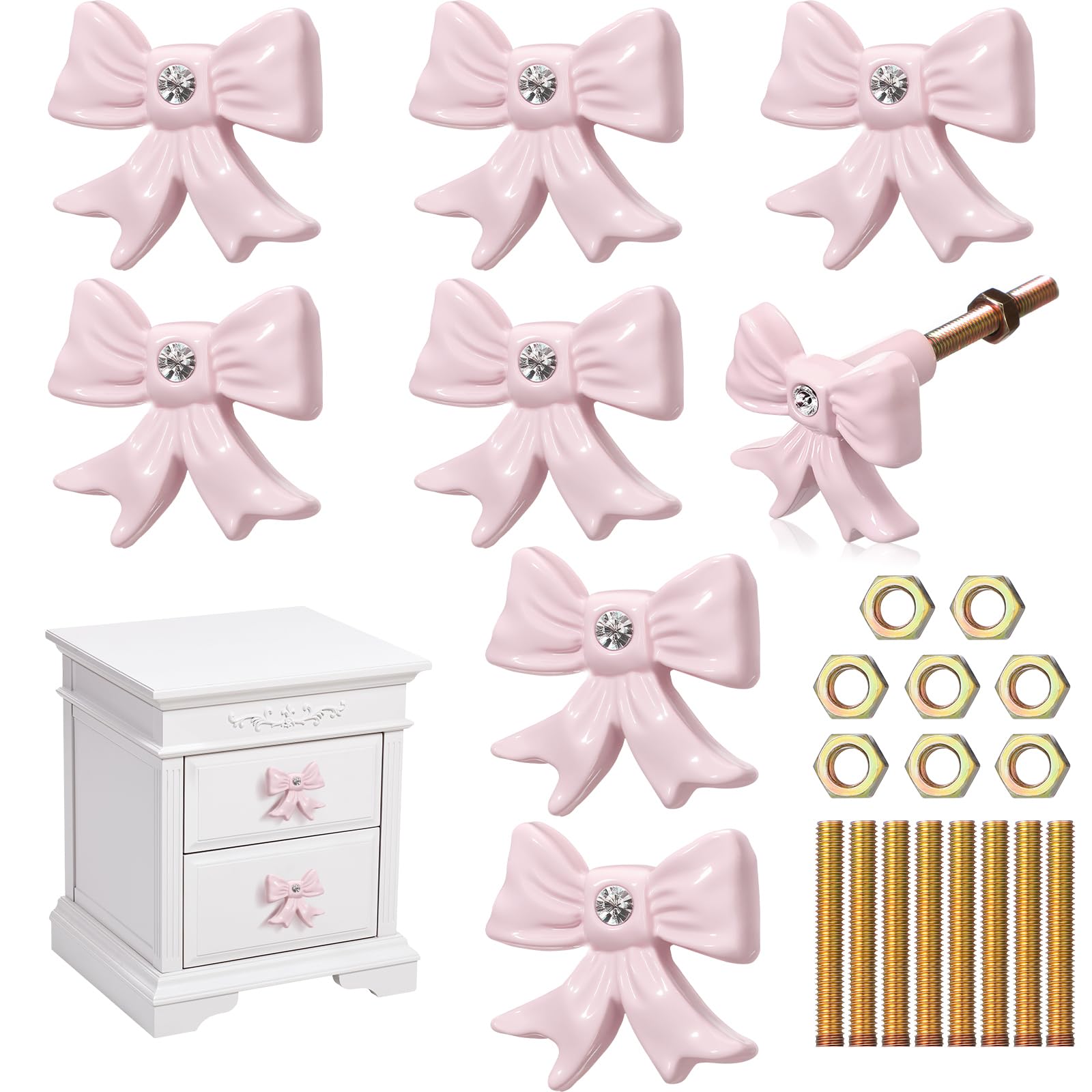 Photo 1 of MorningRo 8 Pcs Pink Bow Dresser Knobs Cast Iron Coquette Bow Drawer Knobs Cabinets Hardware Pulls Decorative Vintage Handles for Kitchen Bedroom Home Desk Wardrobe, 1.4 x 1.5 Inches