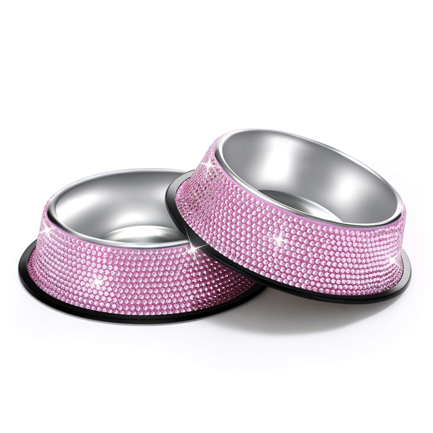 Dog Bowls, SAVORI 640ml Handmade Sparkling Rhinestones Stainless Steel Pet Bowls Double Pet Food Water Feeder for Puppy Dogs Cats - Pink