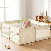 Uanlauo Beige Small Baby Playpen - 47x47in Playpen for Babies and Toddlers | Non-Folding Design, Safe Indoor Play Pen, Baby P