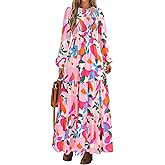 PRETTYGARDEN Women's Spring Dresses 2026 Long Sleeve Flowy Casual Floral Maxi Dress Crew Neck Smocked Tiered Long Dress