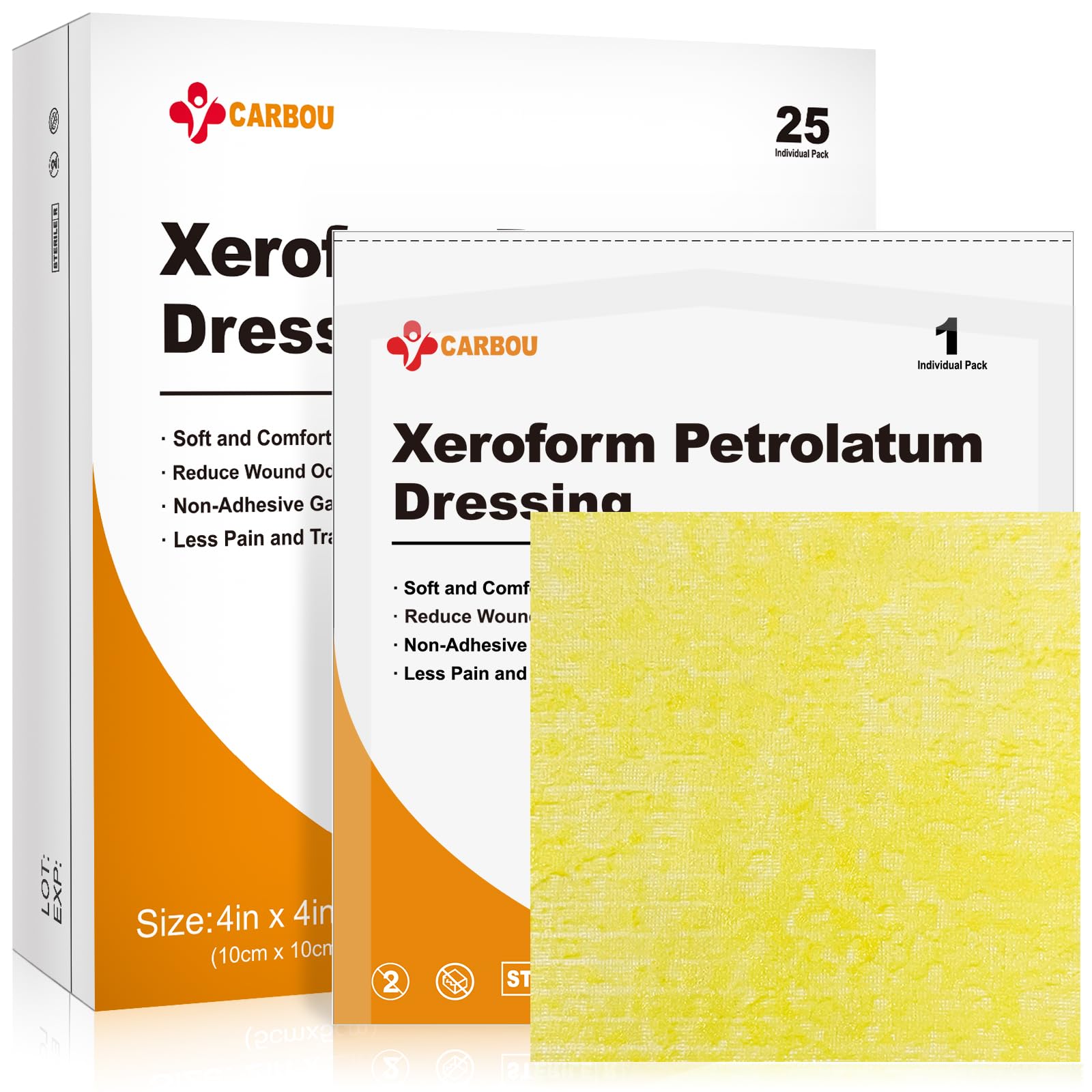 Photo 1 of Carbou 4"x4" Medical Xeroform Petrolatum Dressing, Non-Adherent Gauze Pads, Soft Fine Mesh Gauze Patch for Wound Care, Burns, Lacerations, Skin Grafts & Surgical Incisions, 25 Individual Pack sealed