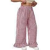 Verdusa Women's Plus Size Gingham Checkered Pants Elastic High Waisted Ruffle Hem Trousers