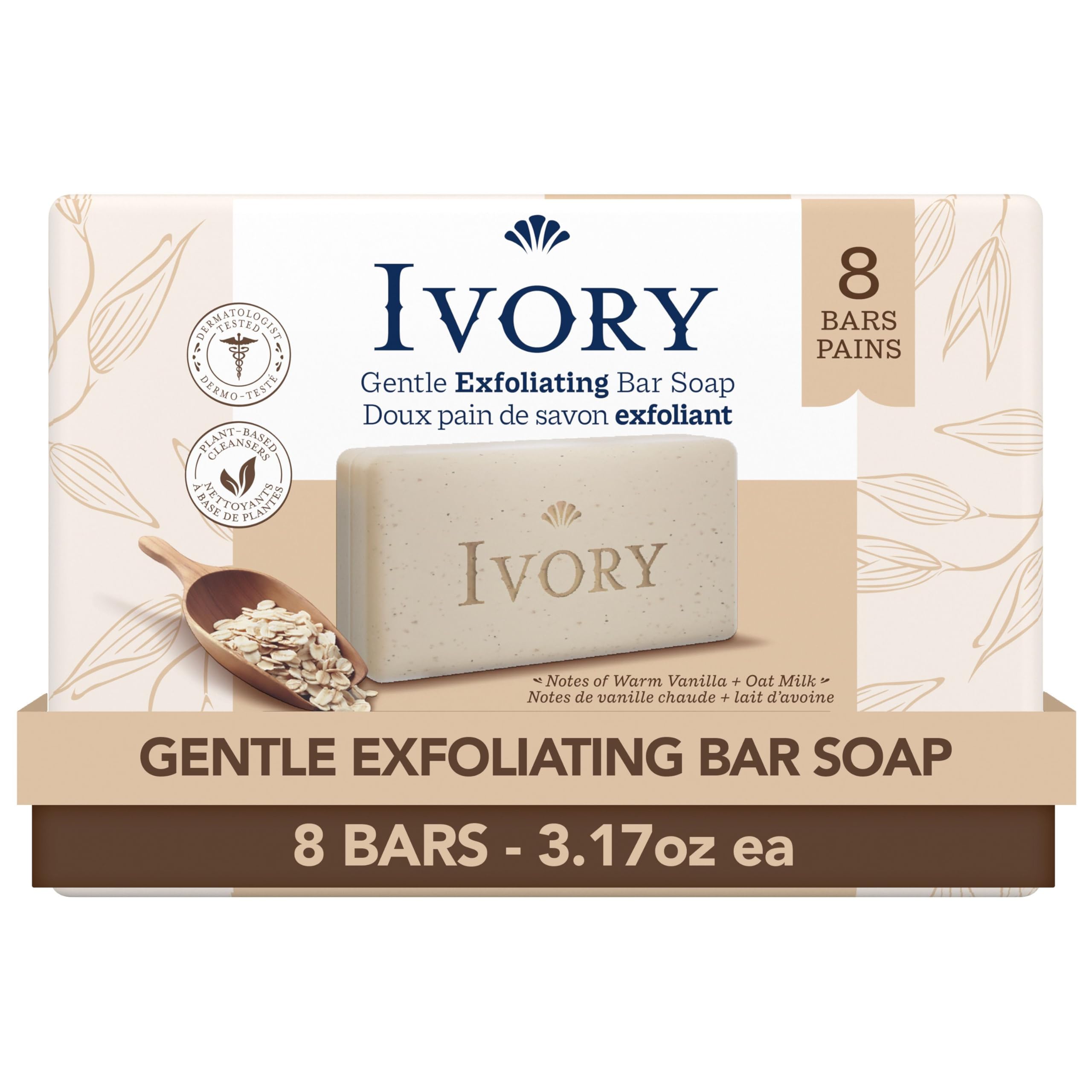 Photo 1 of **One used** Ivory Exfoliating Bath Bar Soap, Designed for Whole Family with Plant-Based Cleansers, Made Without Heavy Perfumes, Parabens or Phthalates, Warm Vanilla + Oat Milk Scent, 3.17 oz (8 Count)
