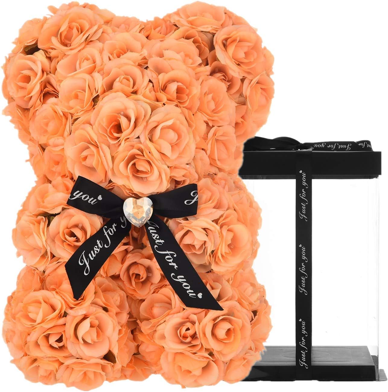 ZLJ Rose Bear, Rose Teddy Bear, 10 Inches Tall - Over 250+ Flowers on Every Rose Flower Bear, Perfect for Anniversary's, Birthdays, Bridal Showers, Mother's Day - 10 inch Clear Gift Box(Orange)