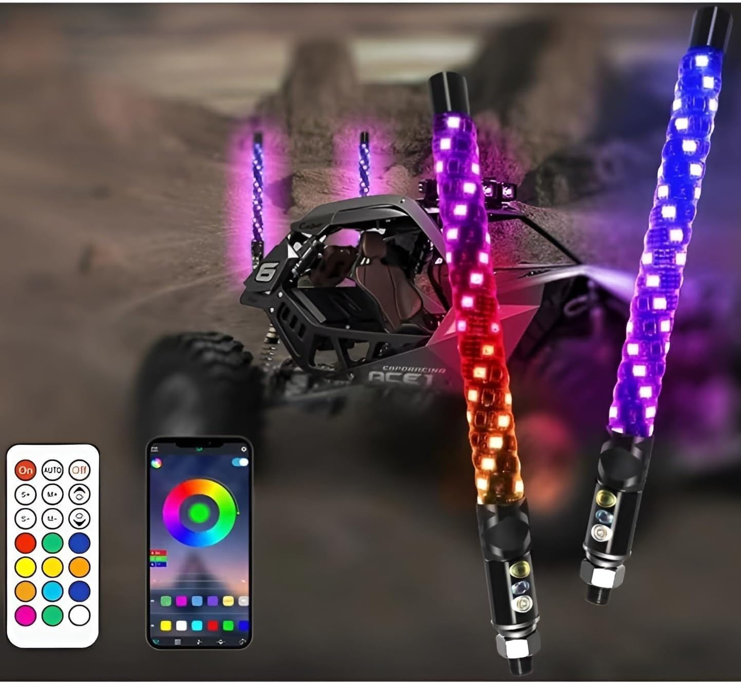 Photo 1 of S7 2-pcs Whip Lights, LED Whip Light with App & Remote Control, Spiral RGB Chasing Lighted Antenna Whips,Whip Light for UTV ATV RZR SXS Can-Am Dune Buggy Offroad Truck (1ft)