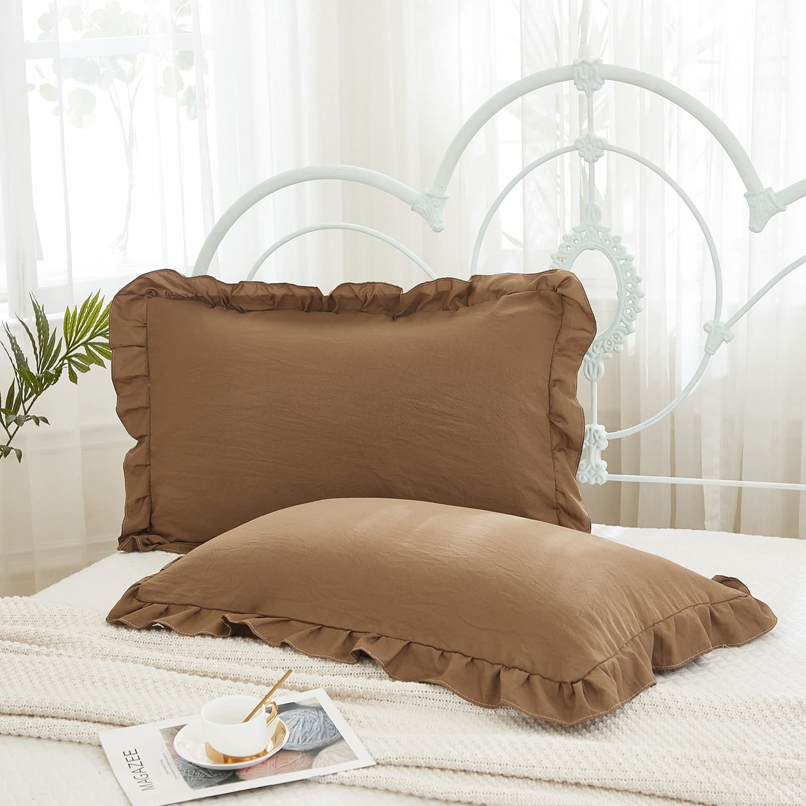 Photo 1 of Merryword Brown Pillowcases - King Size Ruffled Shams Set of 2 - Solid Fringe Design - Coffee Brown Shabby Chic - 2 Pack (King (20''x36''))