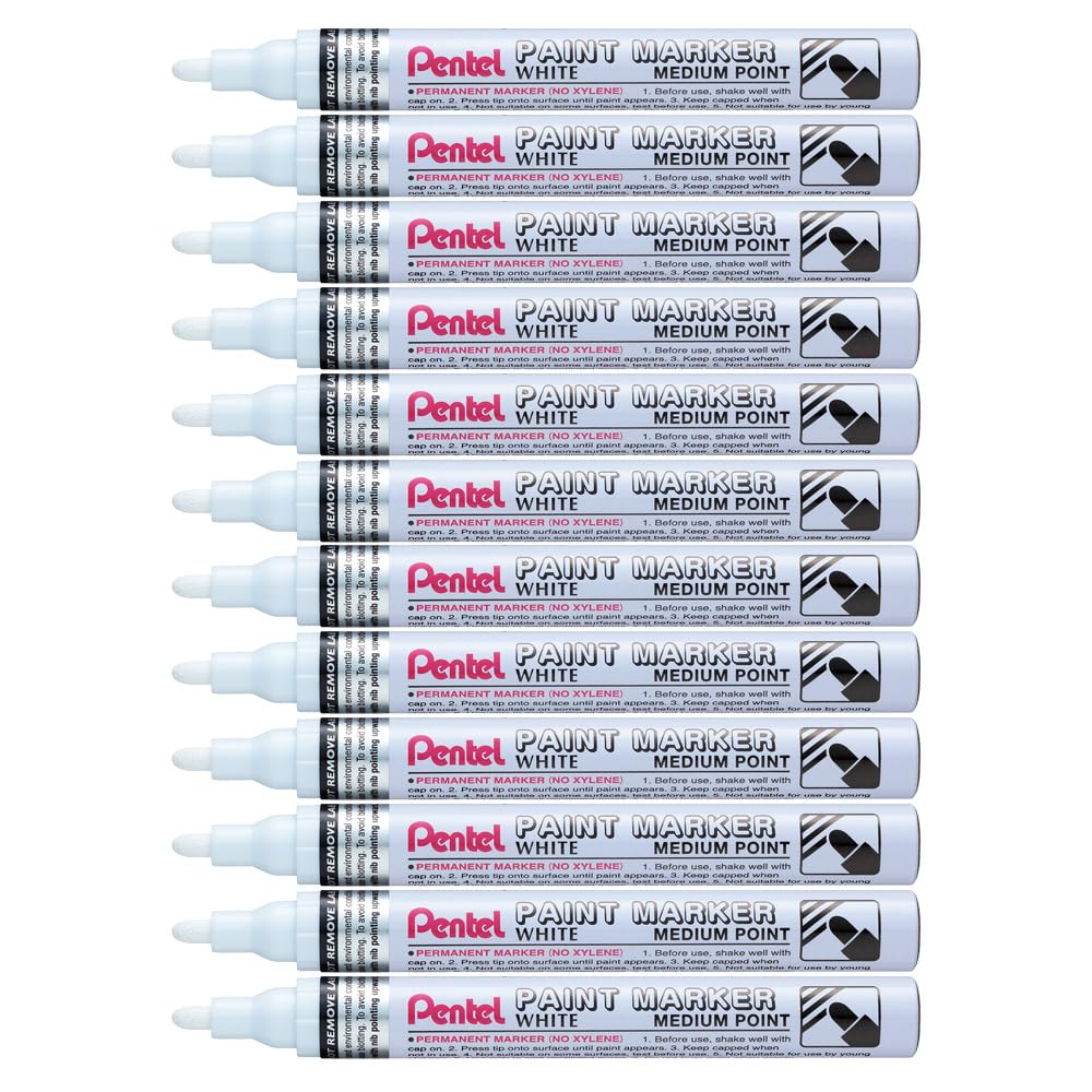 Pentel MMP10 Paint Marker, Medium 4.5mm Bullet Tip, White ink (Pack of 12)