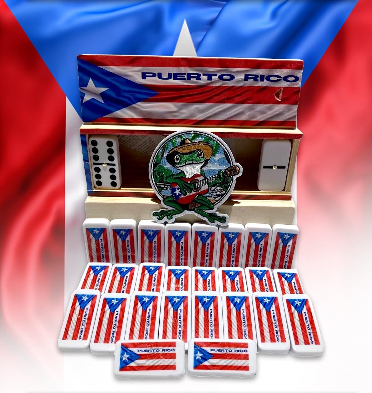 Photo 1 of Puerto Rico Dominoes Set – Double Six Resin Tiles with Puerto Rican Flag – Classic Wooden Box Storage – Boricua Heritage Collectible – Gift for Puerto Ricans, Family & Travel Use