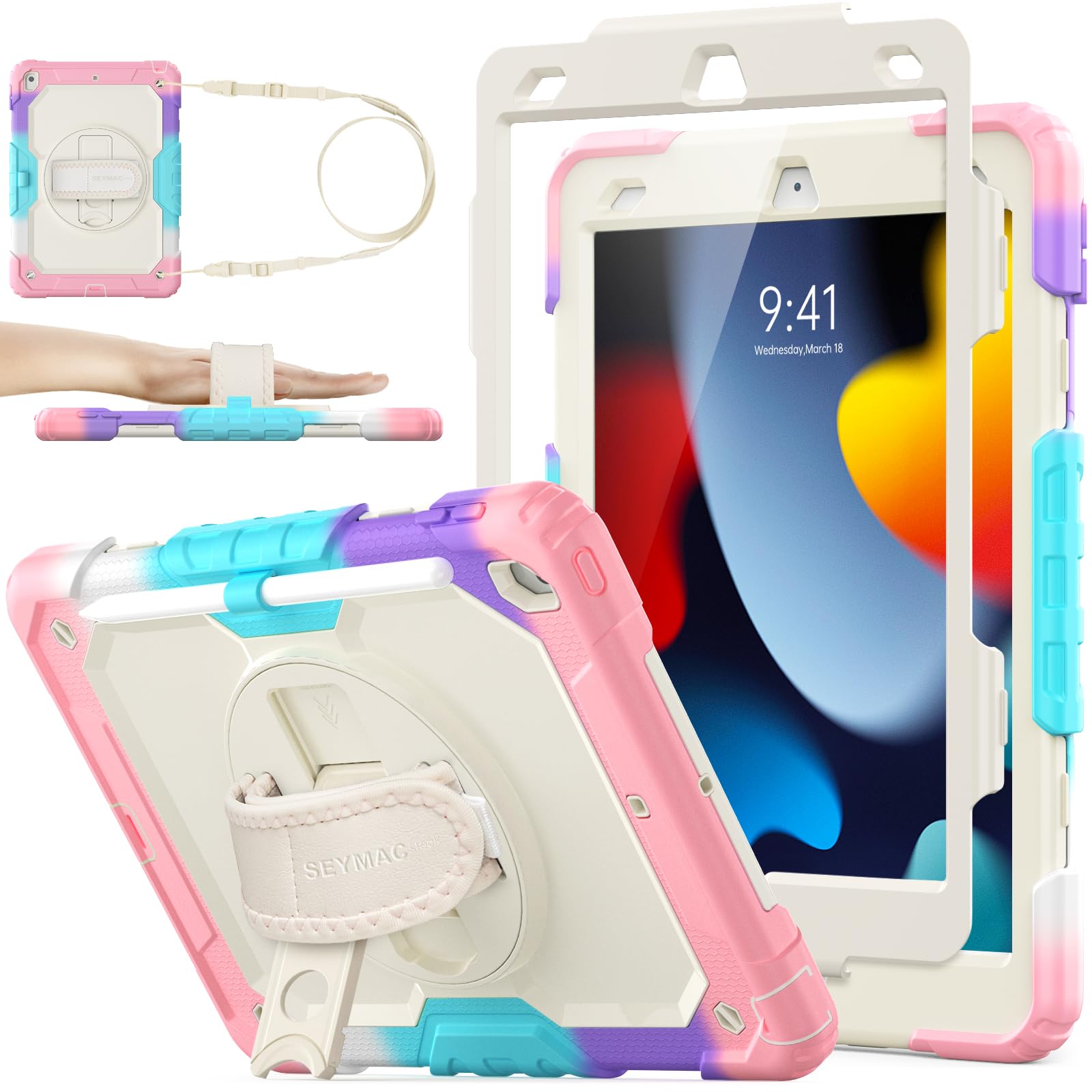 SEYMAC stock Case for iPad 9th/8th/7th Generation (10.2 Inch) 2021/2020/2019, Heavy Duty Shockproof with Screen Protector, 360° Rotating Stand/Hand Strap, Pencil Holder & Shoulder Strap, Pink+Beige