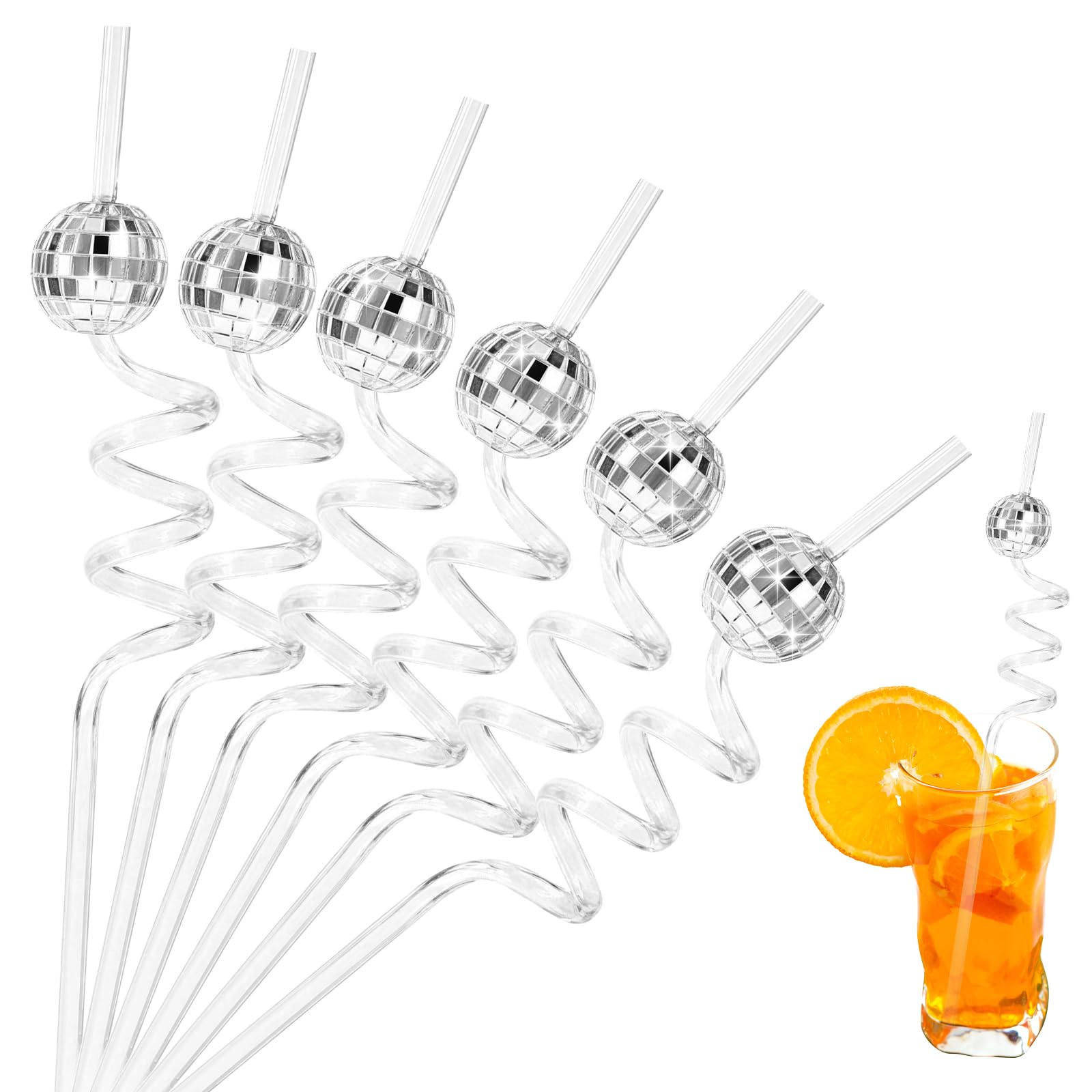 Photo 1 of BOHUIZ 12 Pcs Disco Ball Straws, 70s Silver Disco Straws Plastic Reusable Disco Ball Straw Retro Disco Decorations for Festive Occasions Wedding Birthday or Bar Party