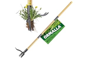 ORMALLA Weed Puller, 43.7in Long Handle Weed Remover, Dandelion Removal Tool, Natural Bamboo Handle and 4 Claws, Stand Up Gar