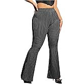 WDIRARA Women's Plus Size Striped Flared Pants Elastic Waist Bell Bottom Trousers