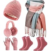 Geyoga 6 Pcs Winter Hat Scarf Gloves Set Knitted Touchscreen Gloves Plaid Scarf Earmuffs Socks Gift for Women Men