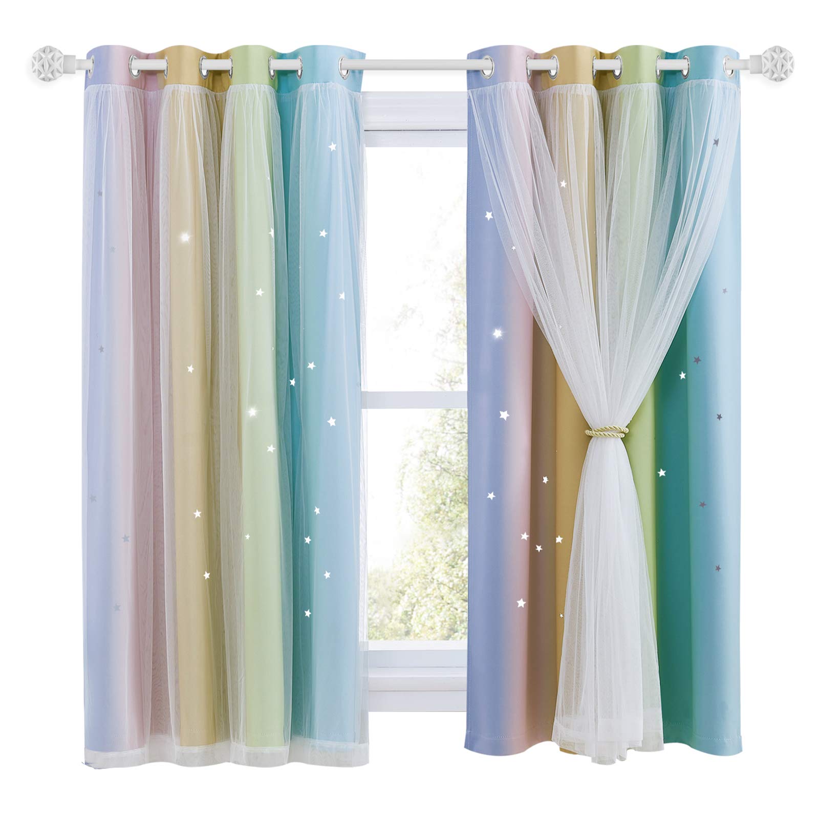 NICETOWN Rainbow Curtains for Kids - Star Cut Out Double Layer Blackout Curtains with Voile Thermal Privacy Protection for Nursery Bedroom Living Room, 2 Panels, W52xL63 Inch (132×160 cm),Rainbow