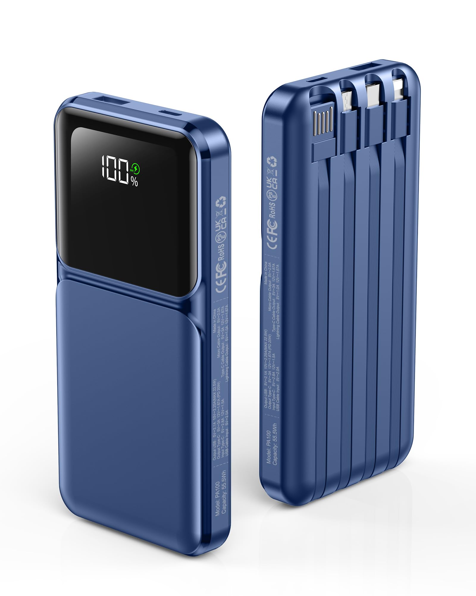 RONEGN Portable Charger with Built in Cable - Power Bank Fast Charging USB C LED Display 10000mah Battery Pack 5 Outputs & 3 Inputs for Travel Essentials iPhone Samsung Android Phones Tablets Blue
