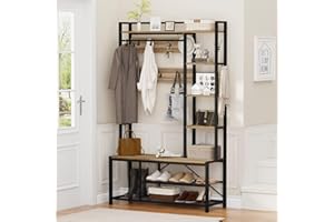 BON AUGURE Farmhouse Hall Tree for Entryway, Mudroom Bench with Shoe Storage, Large Coat Rack Shoe Bench with 5 Tier Open Shelves, Adjustable Side Hooks and Hanging Rod for Foyer (Vintage Oak)